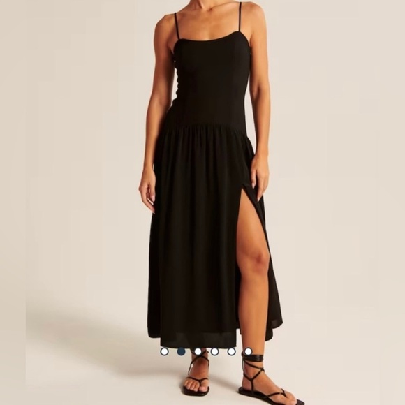 NEW Abercrombie Mixed Fabric Drop Waist Midi Dress Slit Large Tall Black NWT - Picture 1 of 11